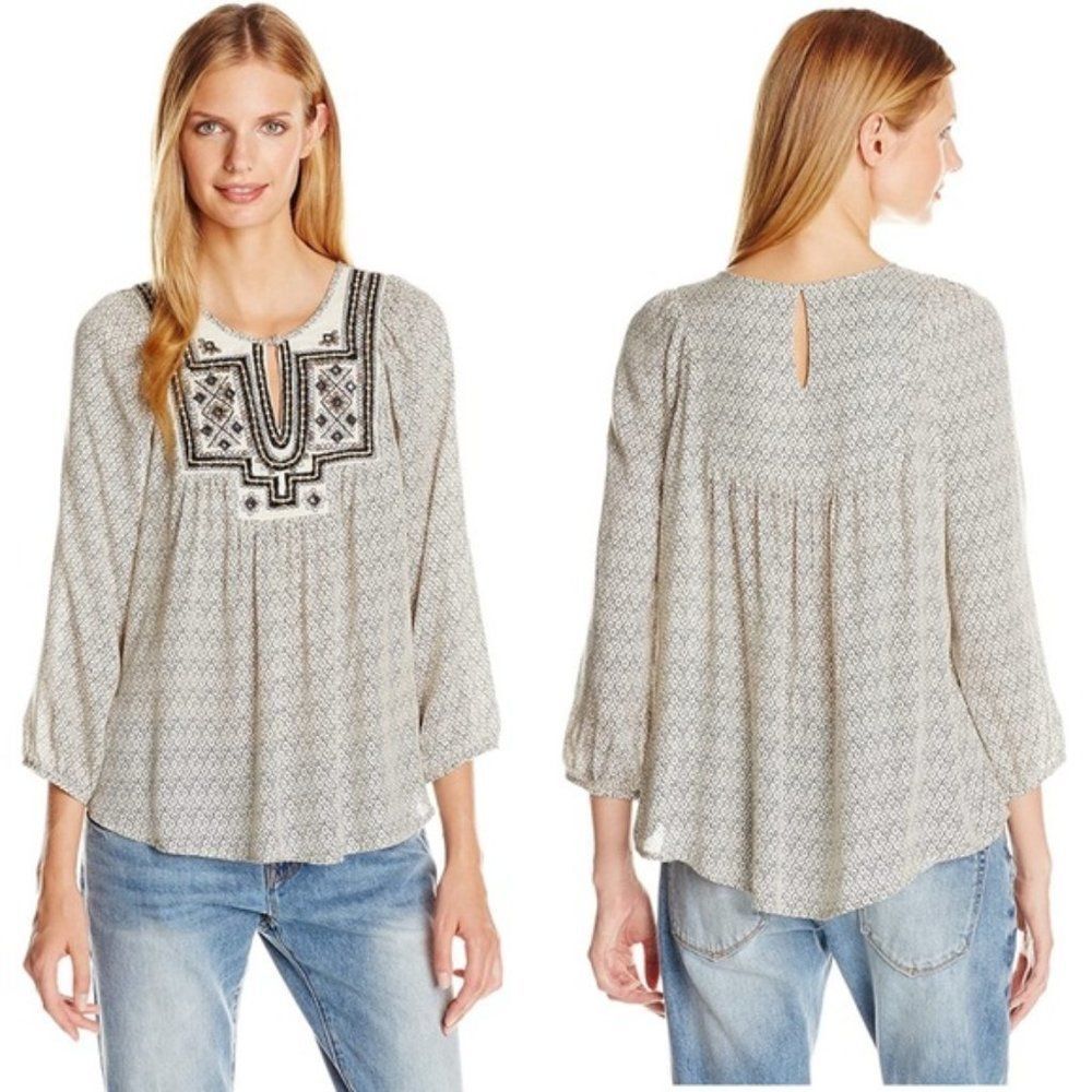 Lucky Brand Lilah Mirror Boho Embroidered Blouse Size Extra Small